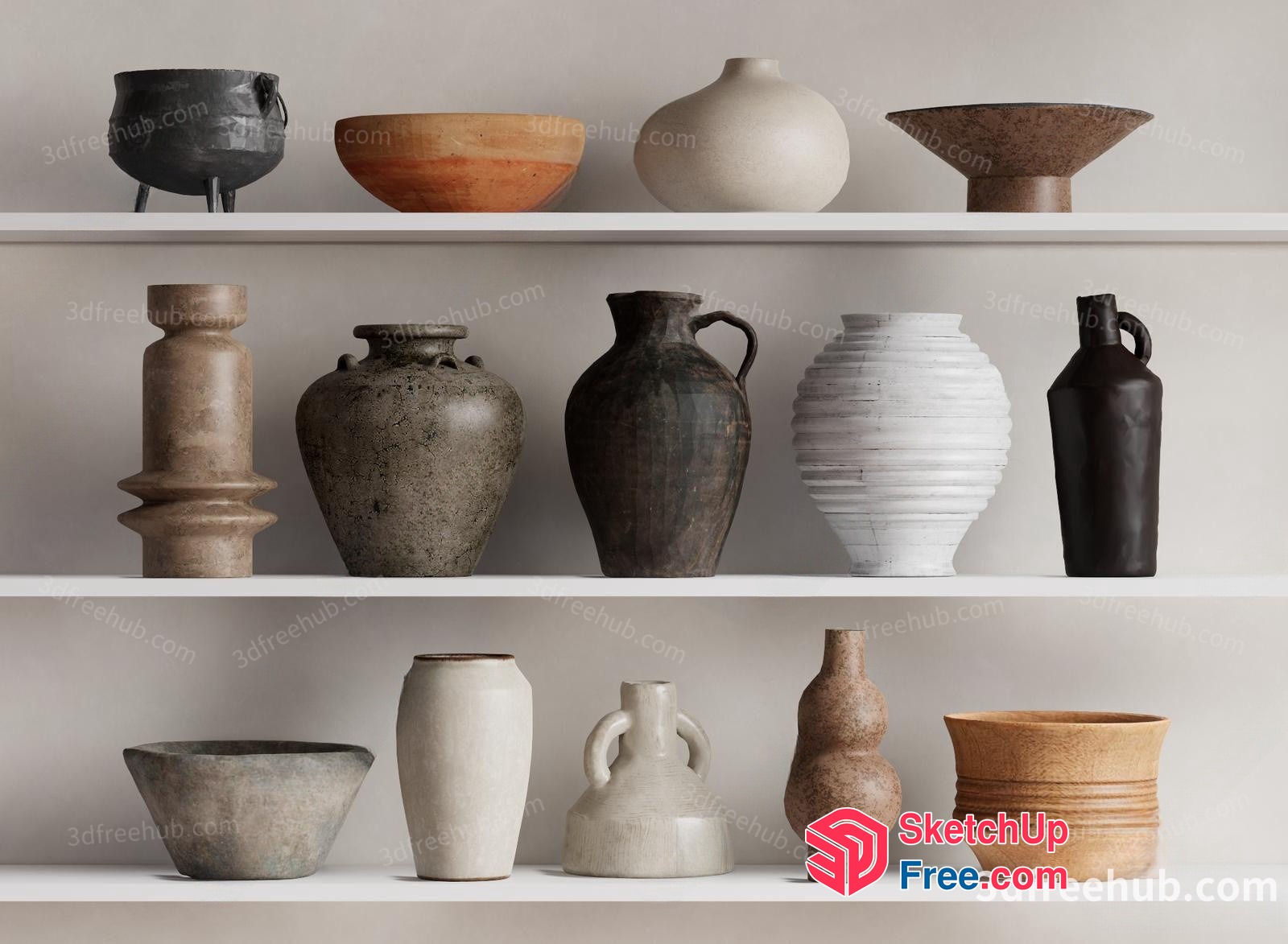 Collection Of Vases On White Shelves 3D SketchUp File