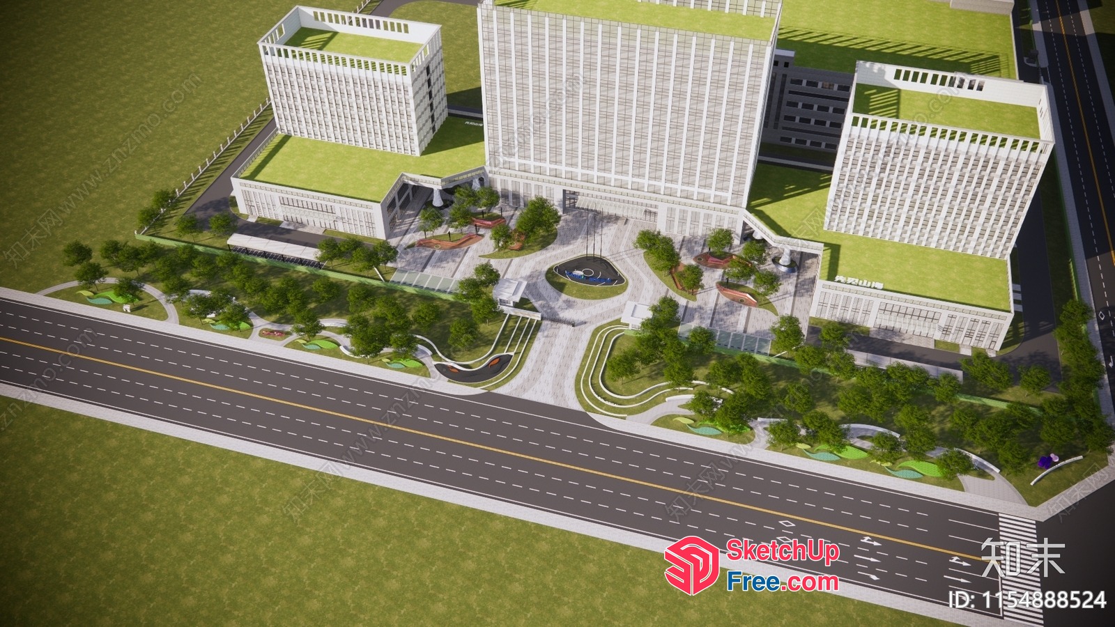 Large Office Building With Green Roof And Modern Architecture 3D SketchUp File