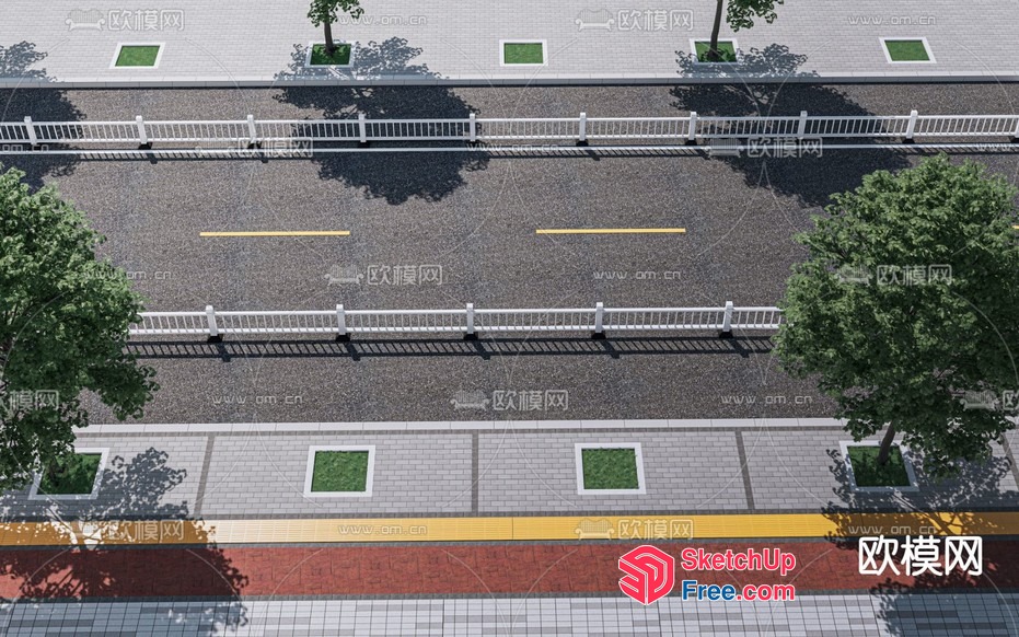 Street Scene With Trees And Railing 3D SketchUp File