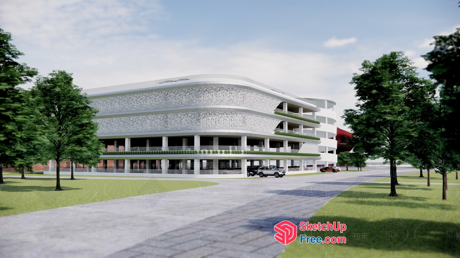 Modern White Building With Balconies And Cars Parked In Front 3D SketchUp File