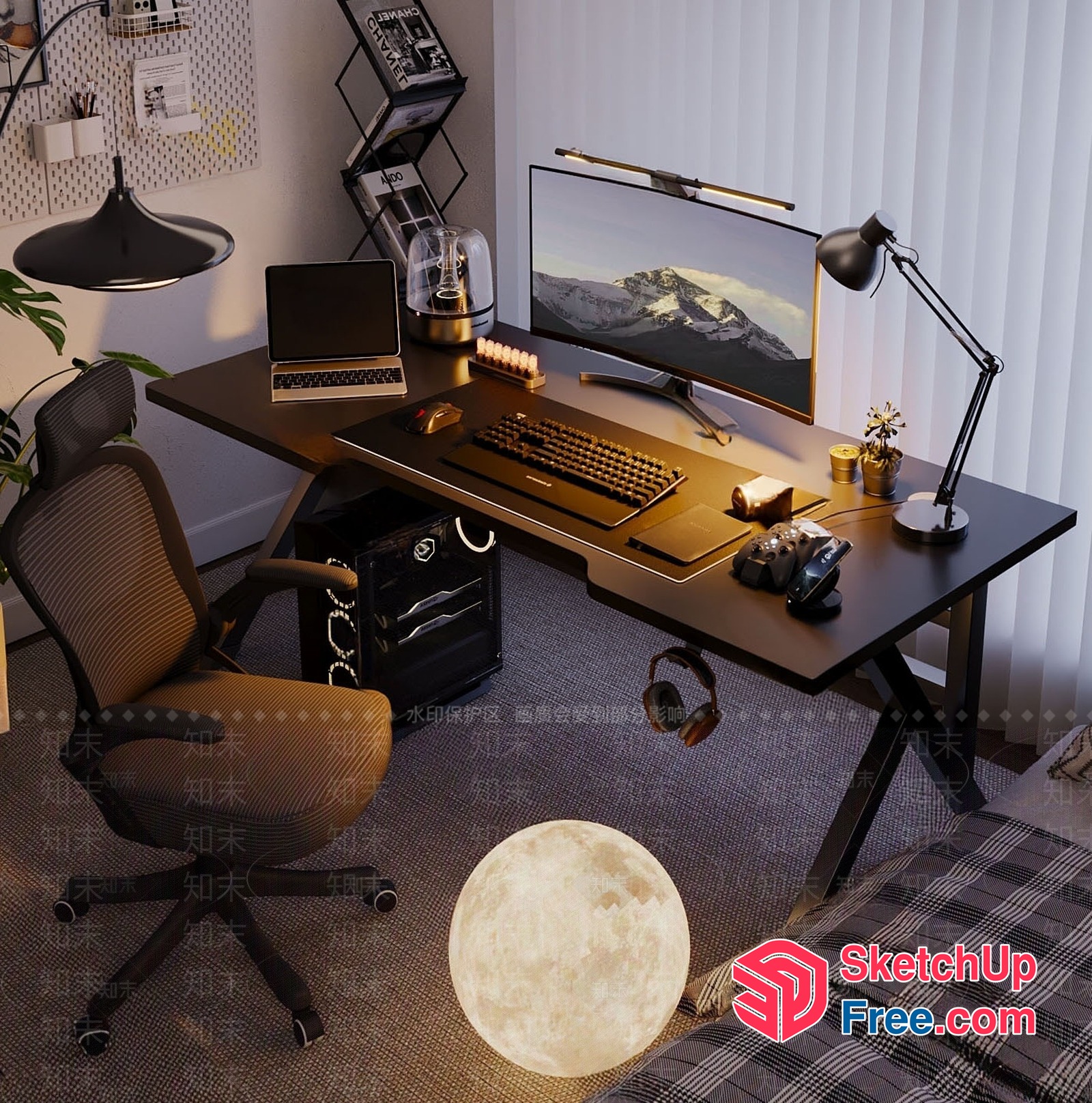 Modern Workspace With Moonlit Ambiance 3D SketchUp File