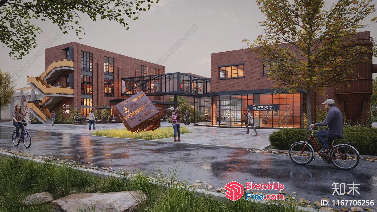 Modern Industrial Style Building With Glass Brick Facade And Stairs 3D SketchUp File