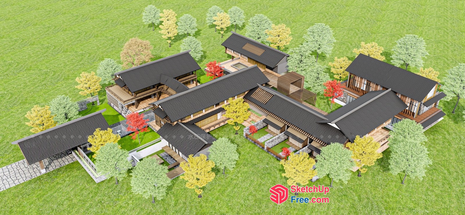 Asian-Inspired Villa Exterior With Traditional Roof Synthesis 3D SketchUp File