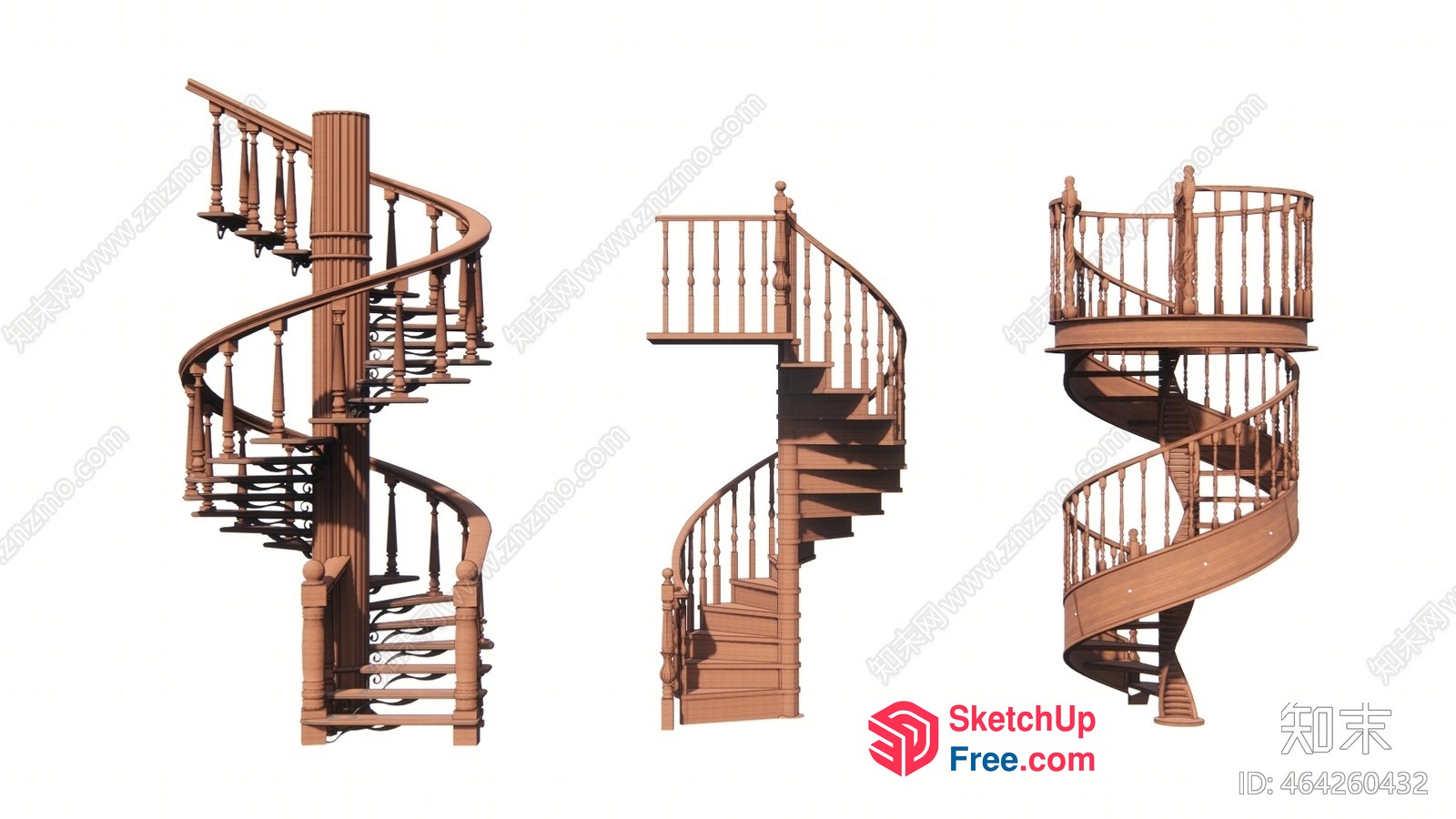 Curved Wooden Spiral Staircase With Ornate Railings 3D SketchUp File