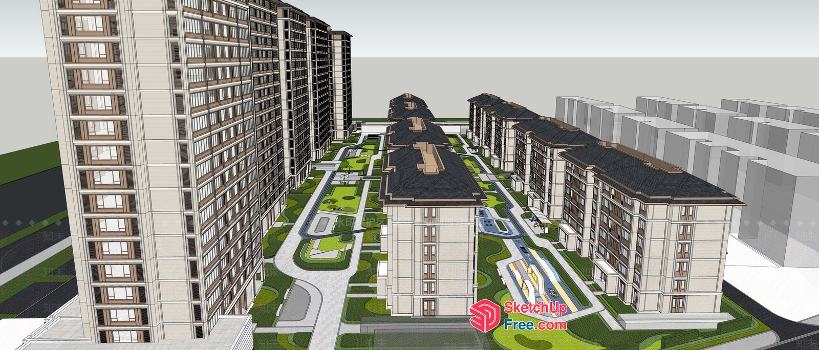 Modern Apartment Complex With Central Courtyard And Green Spaces 3D SketchUp File
