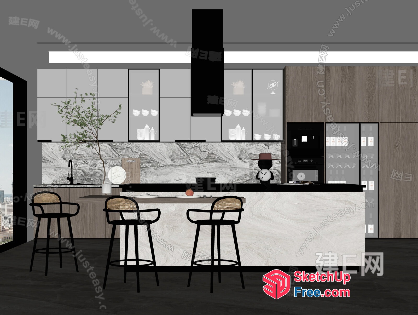 Modern Kitchen Island With Stools And Sink 3D SketchUp File