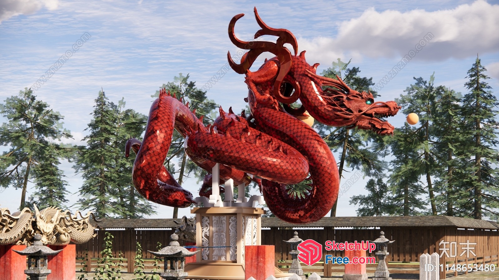 Large Red Dragon Statue In A Serene Outdoor Setting 3D SketchUp File