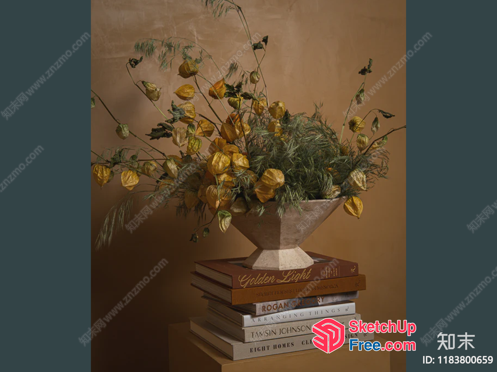 A Stack Of Books With A Vase Of Yellow Flowers On Top 3D SketchUp File