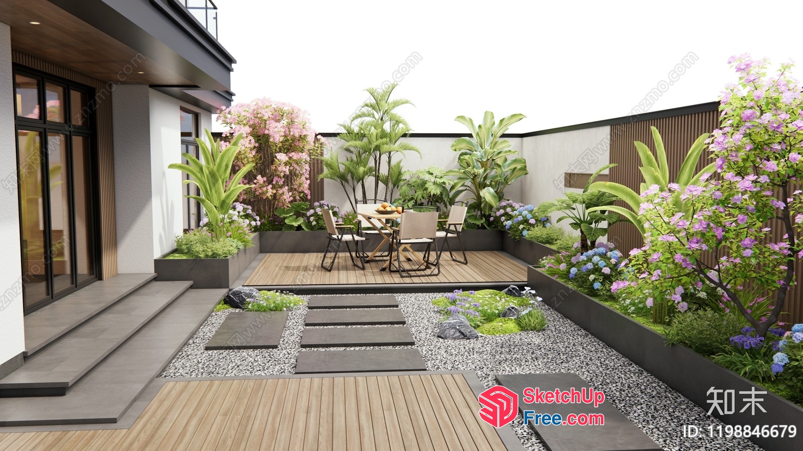 Modern Garden Oasis With Wood Decking And Potted Plants 3D SketchUp File