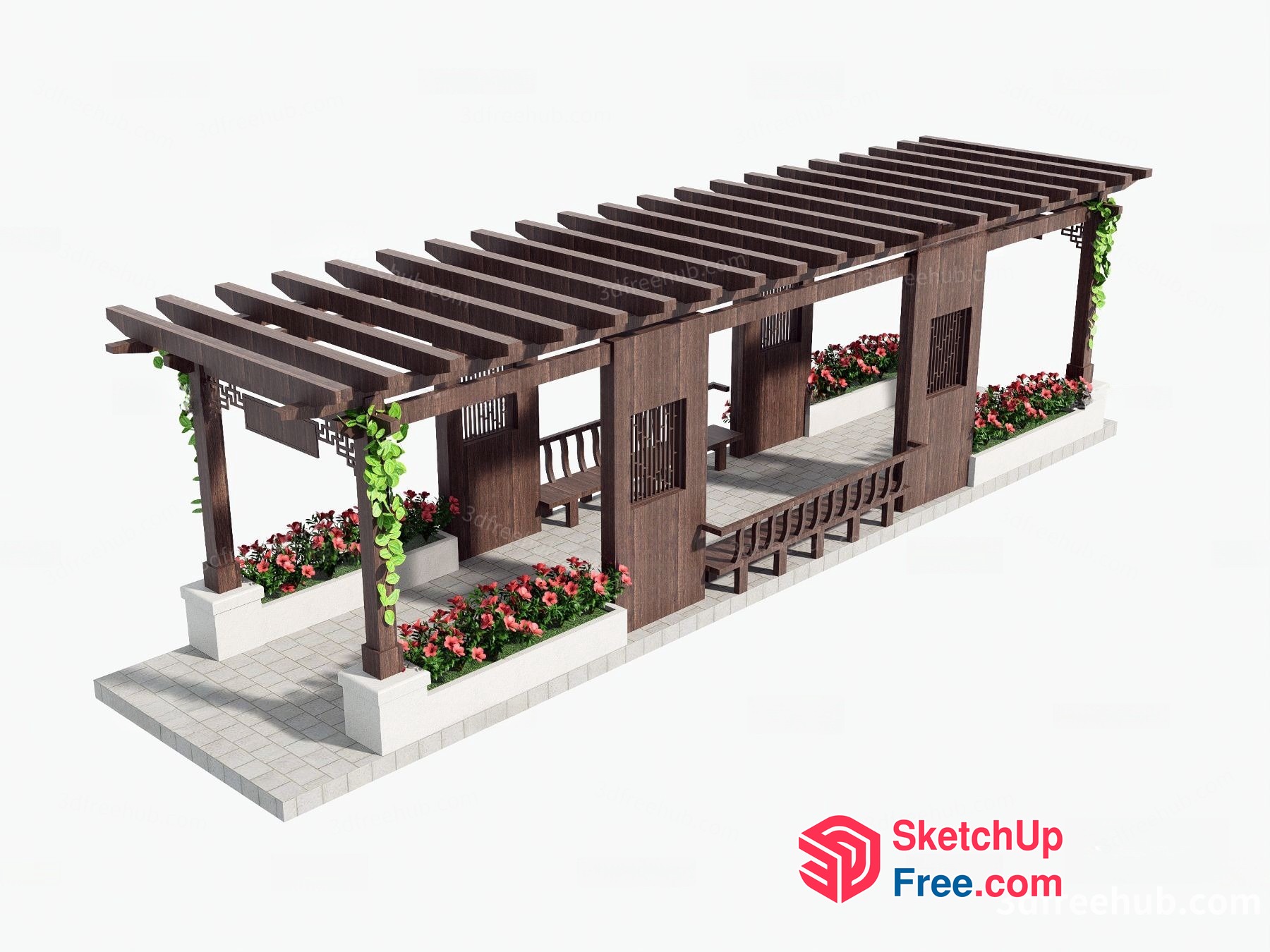 Exquisite Japanese-Style Pergola With Elegant Wooden Structure 3D SketchUp File