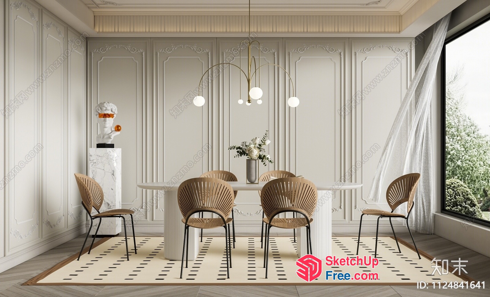 Classic European Style Dining Room With Elegant Pillars 3D SketchUp File
