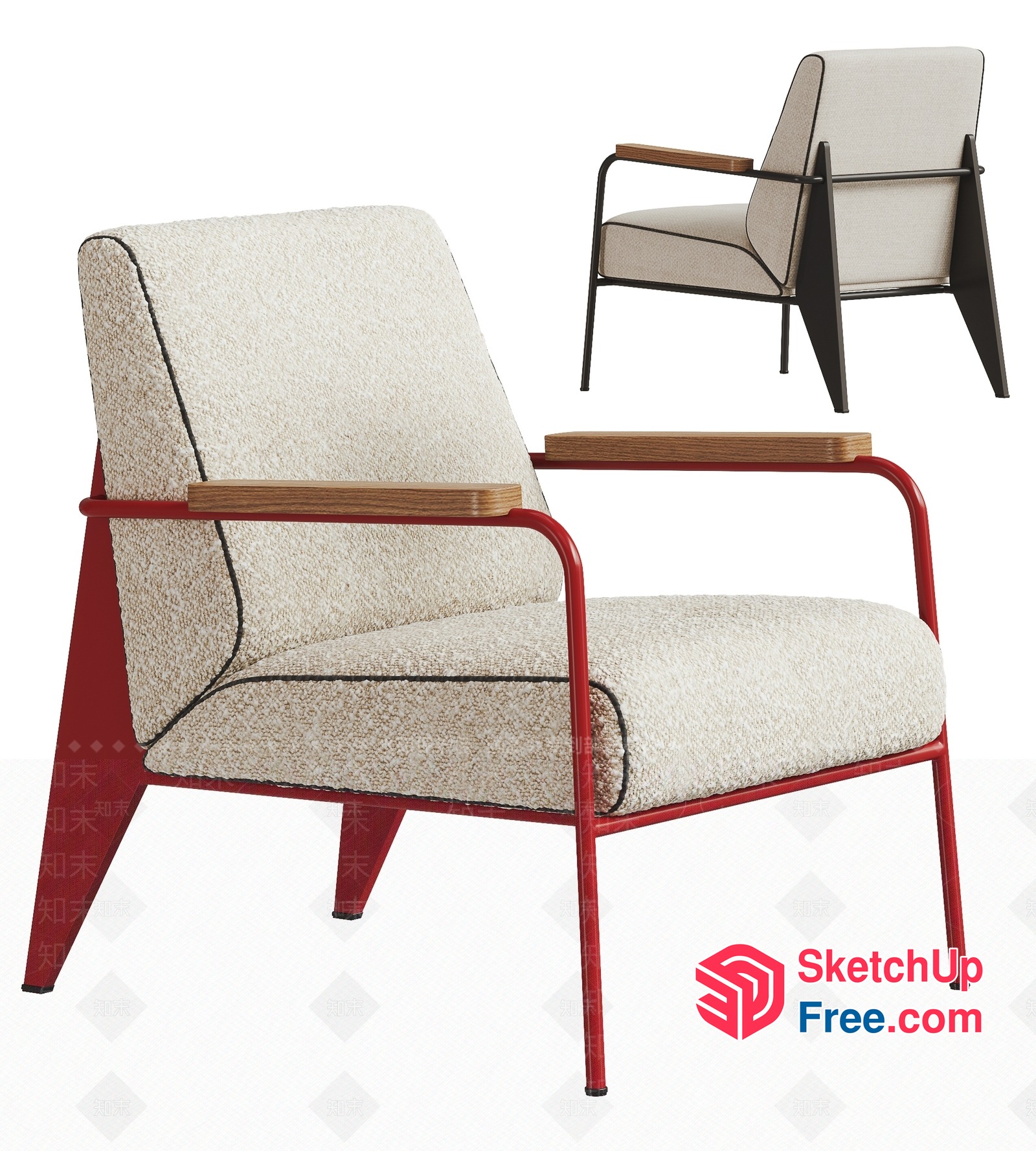 Stylish Armchair With Creamy Upholstery And Red Metal Frame 3D SketchUp File