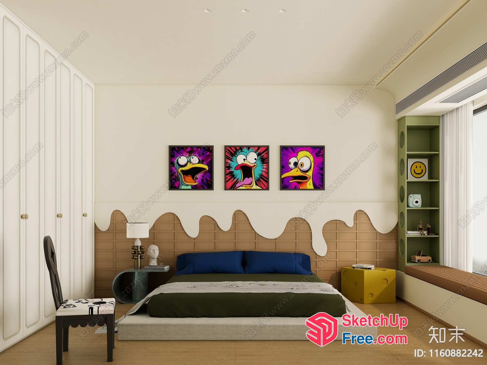 Cartoon Character Artwork Adorns A Contemporary Bedroom 3D SketchUp File
