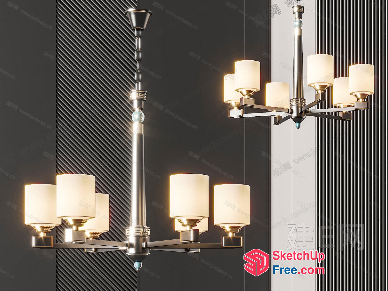 Elegant Chandelier With White Shades And Silver Frame 3D SketchUp File
