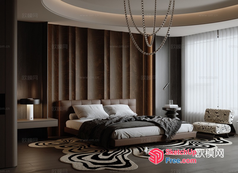 Modern Luxury Bedroom With Curved Ceiling And Dark Wood Accents 3D SketchUp File