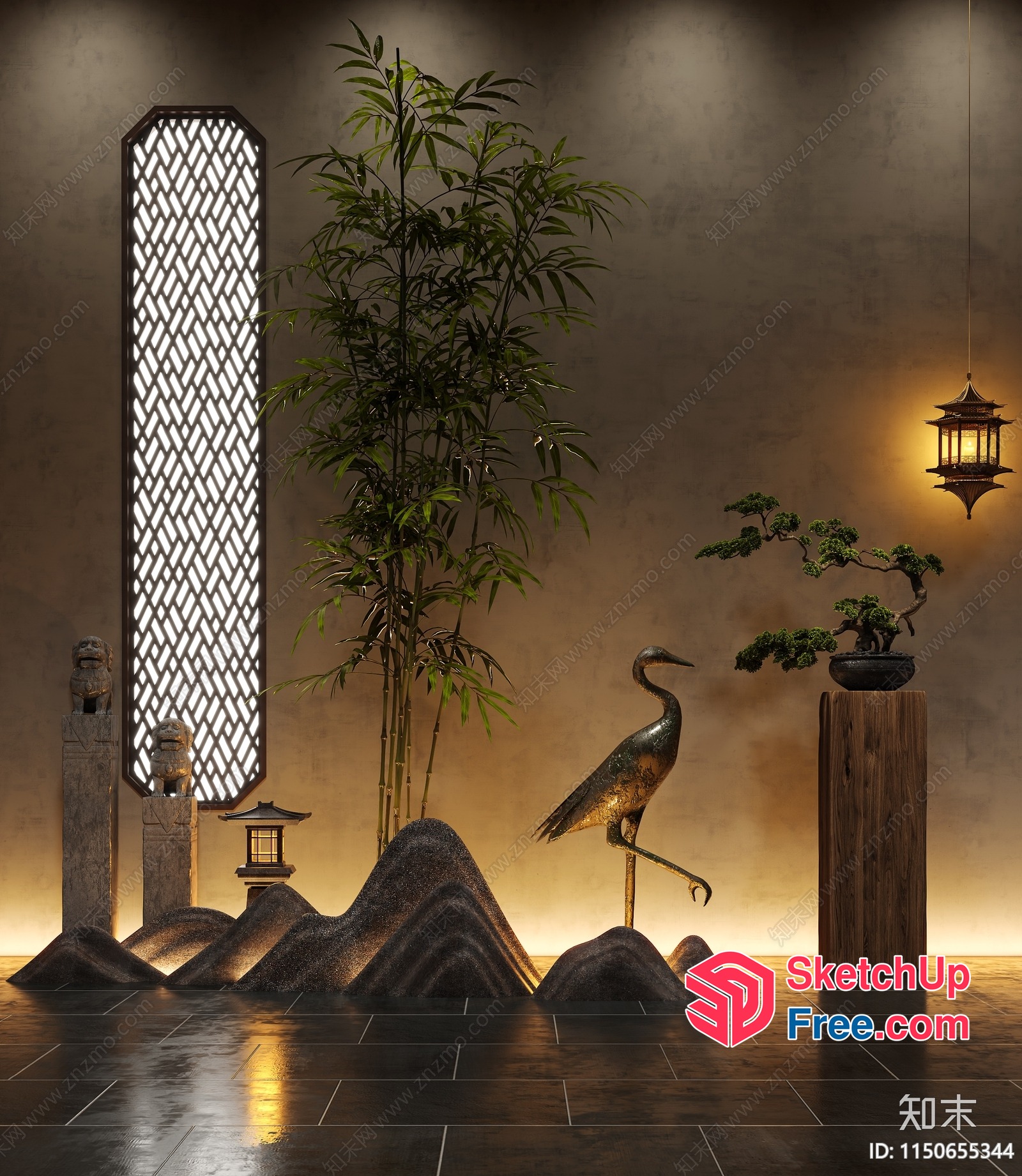 Japanese Style Decorative Wall With Bamboo And Crane 3D SketchUp File