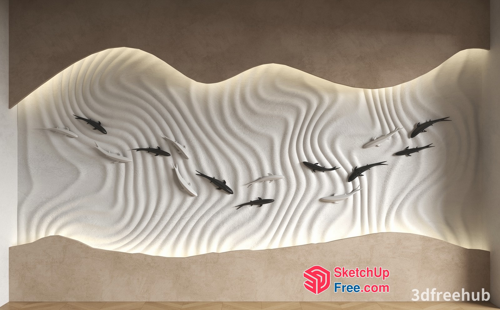 Artistic Wall Design With 3D Fish Sculptures 3D SketchUp File