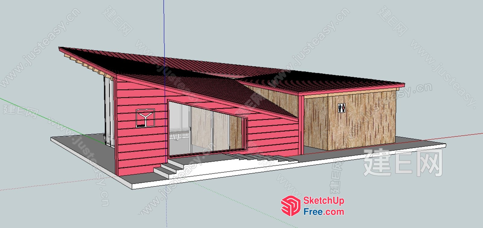 Exterior View Of A Modern Villa With A Red Wall And Wooden Structure 3D SketchUp File