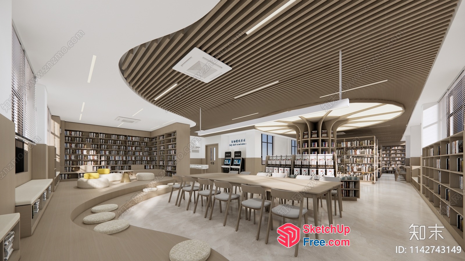 Modern Library Interior With Elegant Bookshelves And Cozy Seating Area 3D SketchUp File