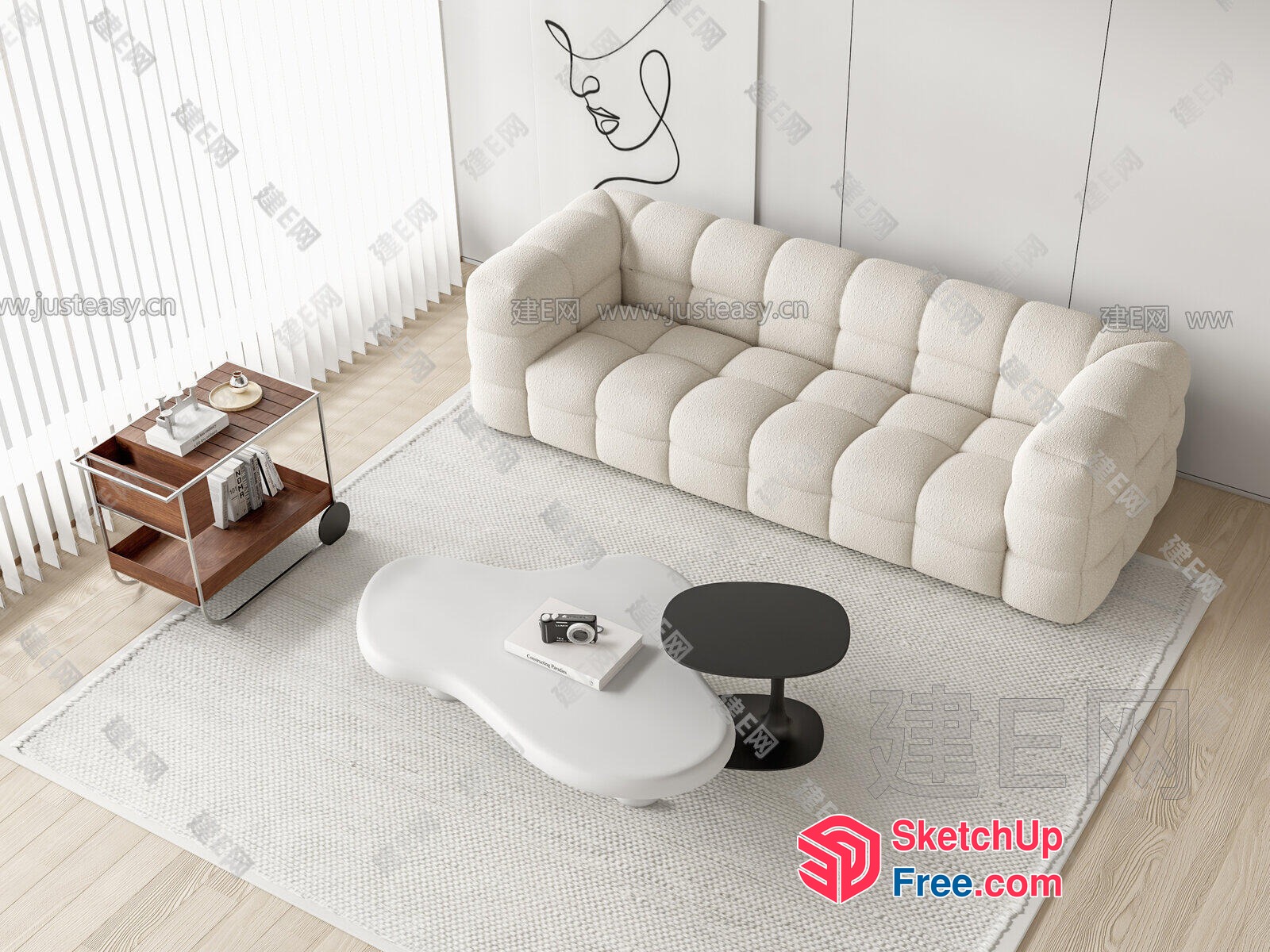 Modern Minimalist Living Room With Creamy Sofa And Coffee Table 3D SketchUp File