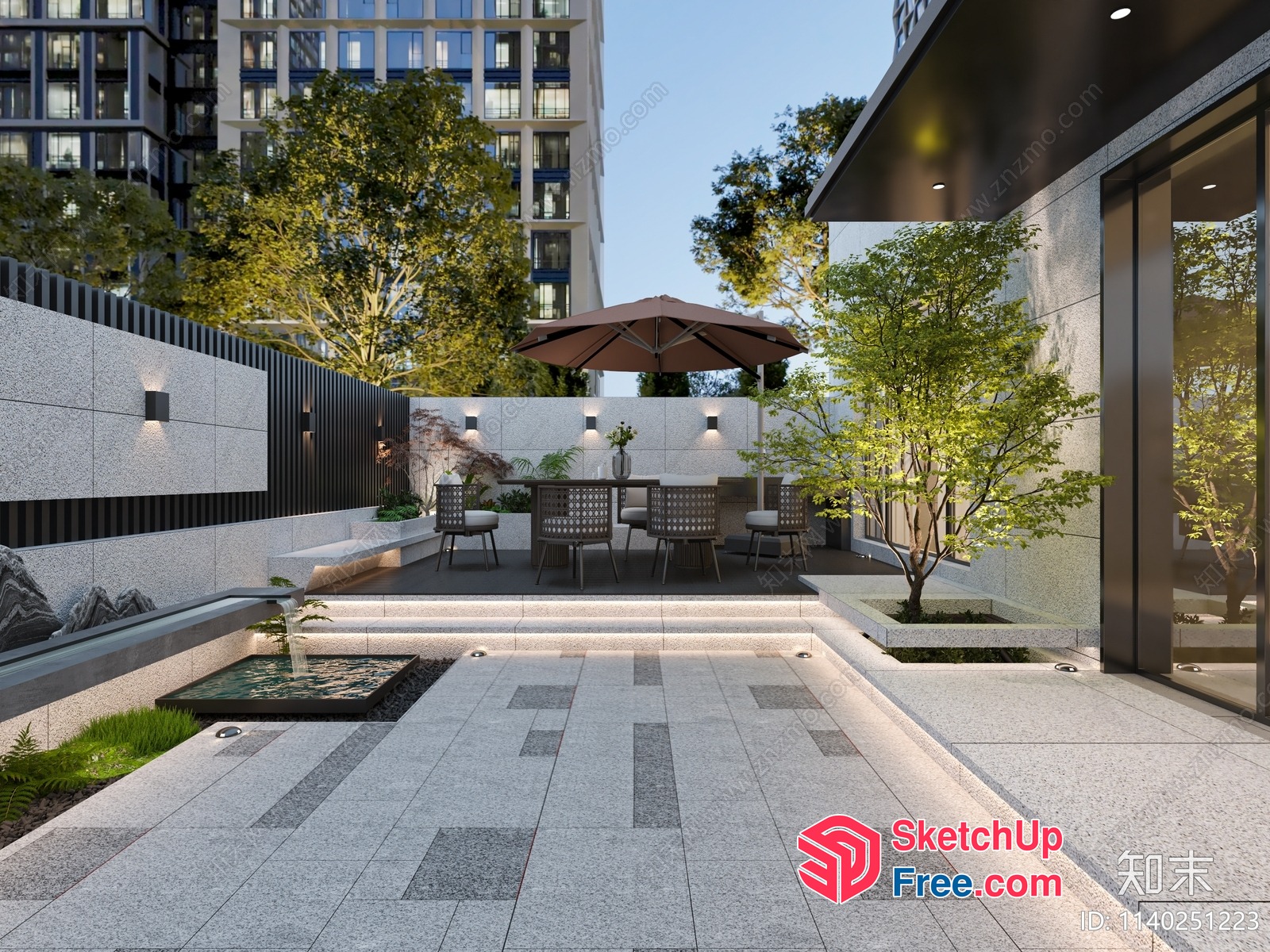 Modern Outdoor Patio With Dining Table And Umbrella 3D SketchUp File
