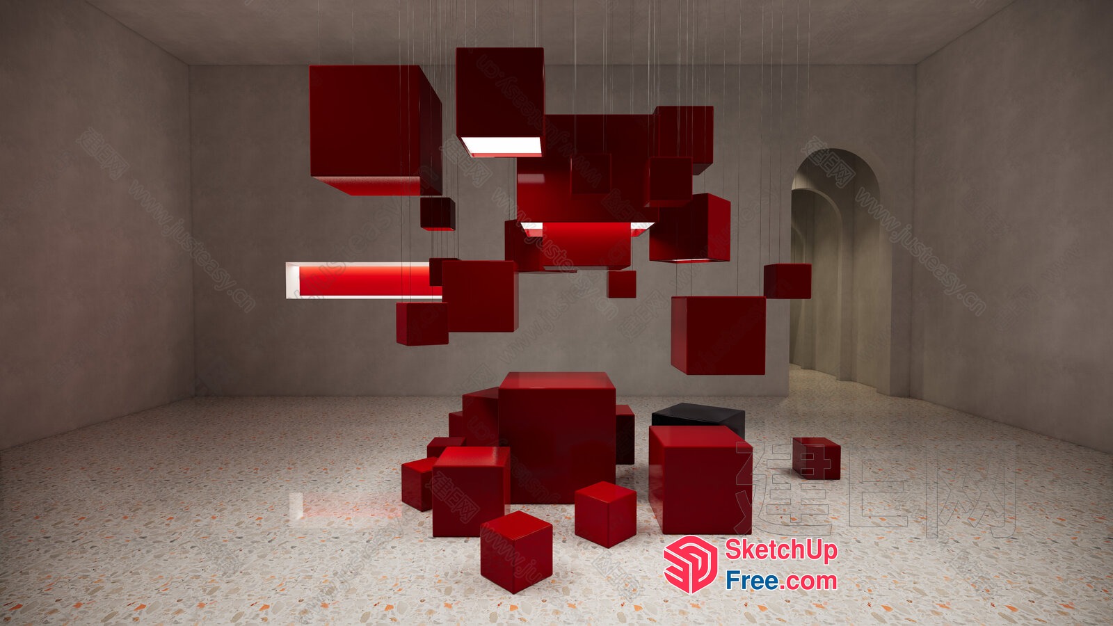 Red Cubes Suspended In A Modern Room 3D SketchUp File