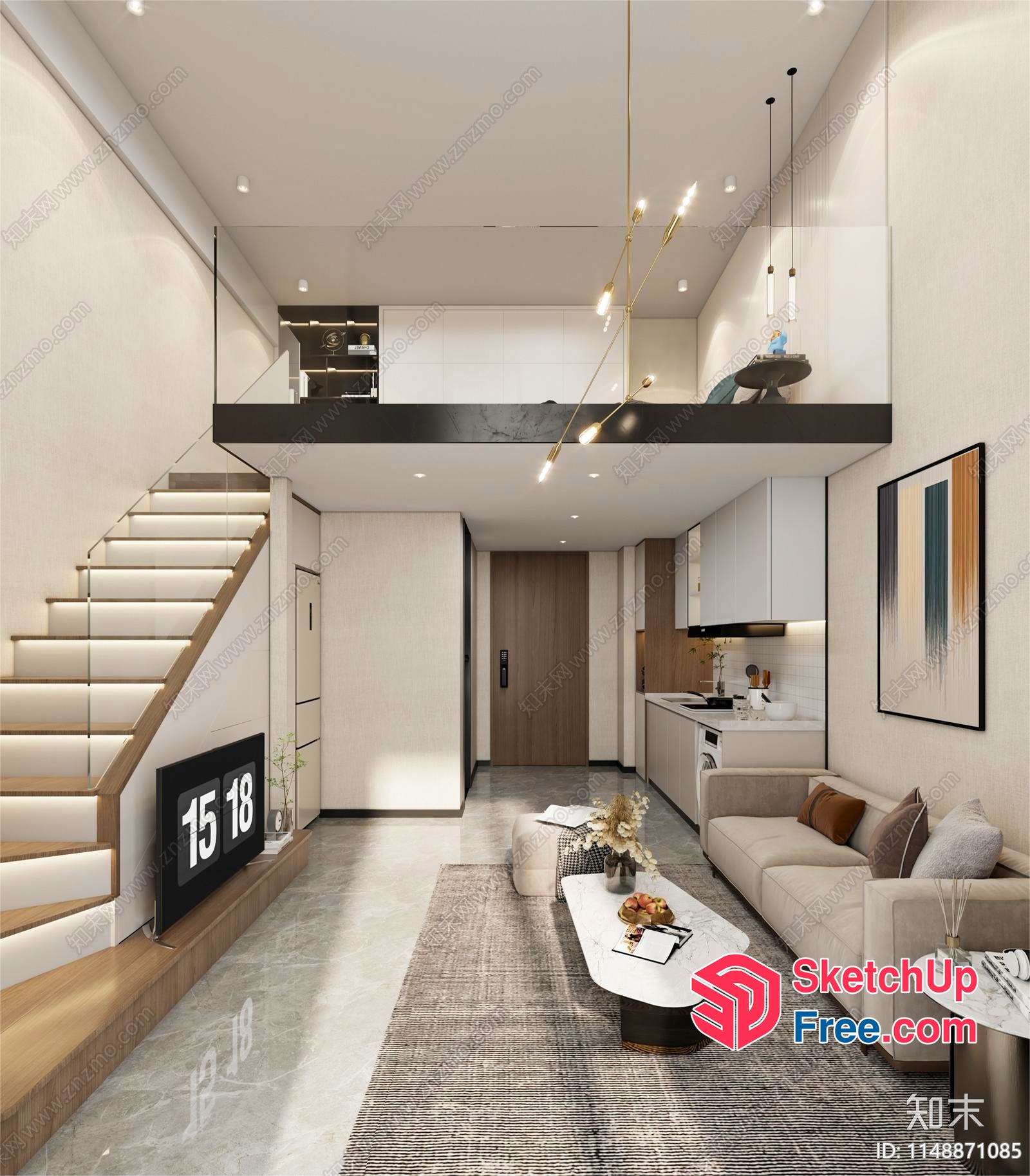 Modern Living Room With Stairs And Balcony 3D SketchUp File