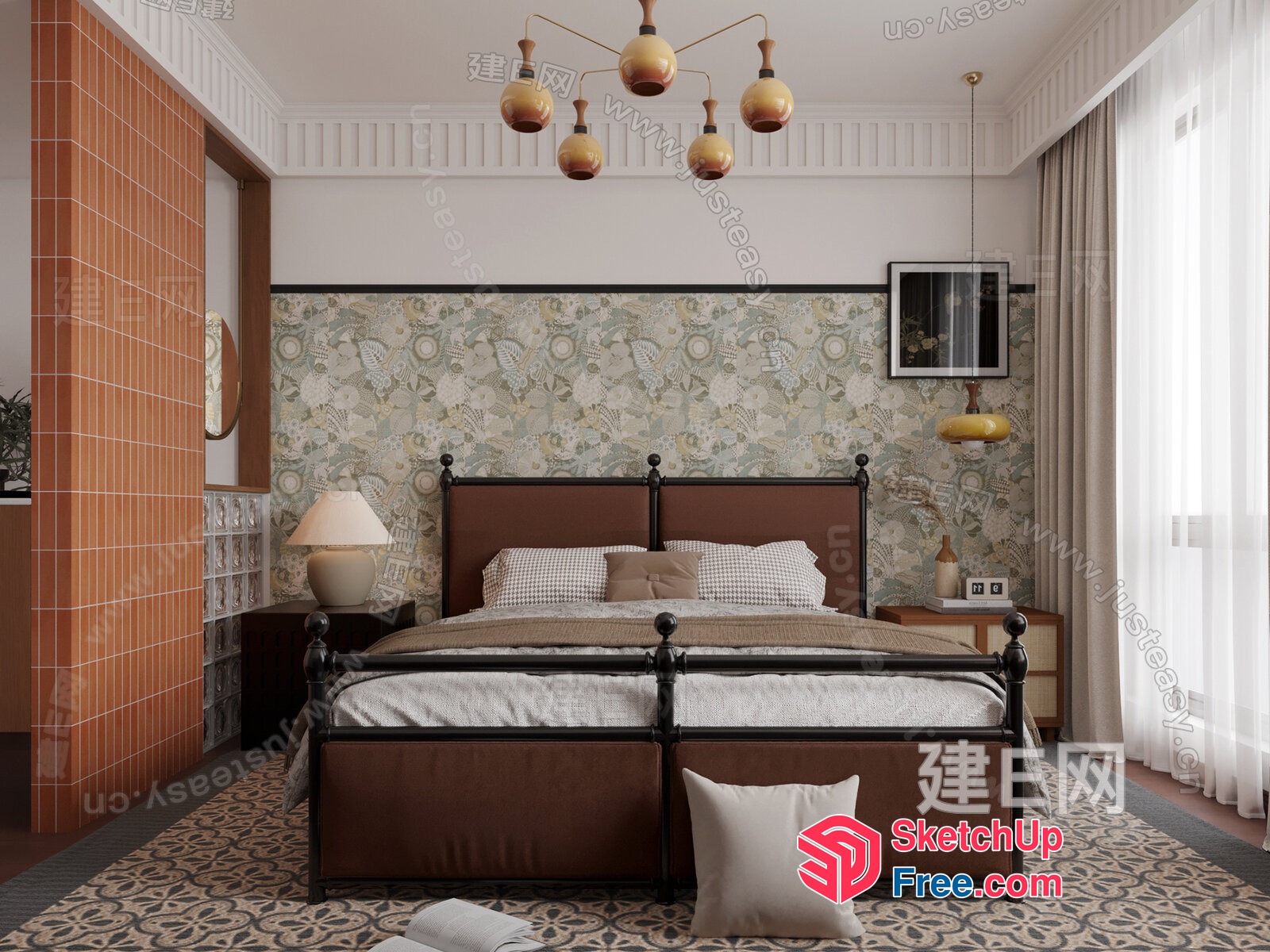 Modern Bed With Pillows And Lamp On Nightstand 3D SketchUp File