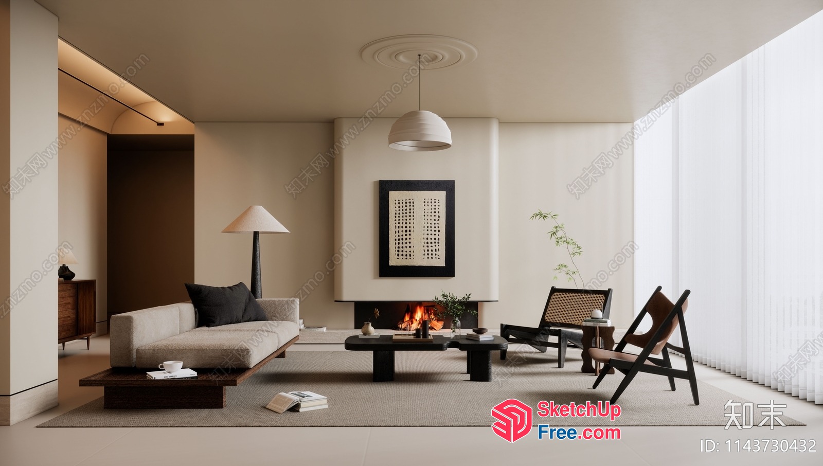 Modern Japanese-Inspired Living Room With Natural Elements 3D SketchUp File
