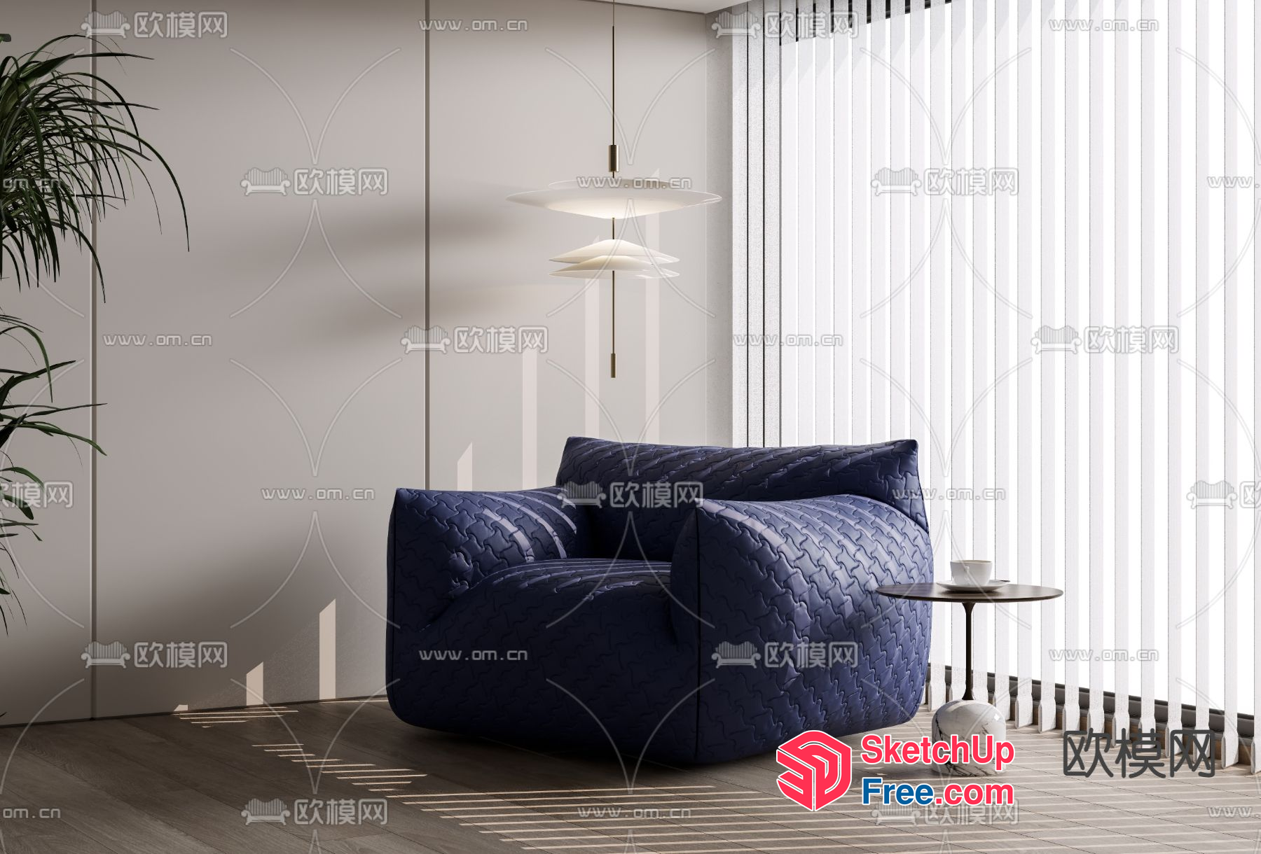 Minimalist Style Living Room With Blue Sofa And Hanging Light 3D SketchUp File