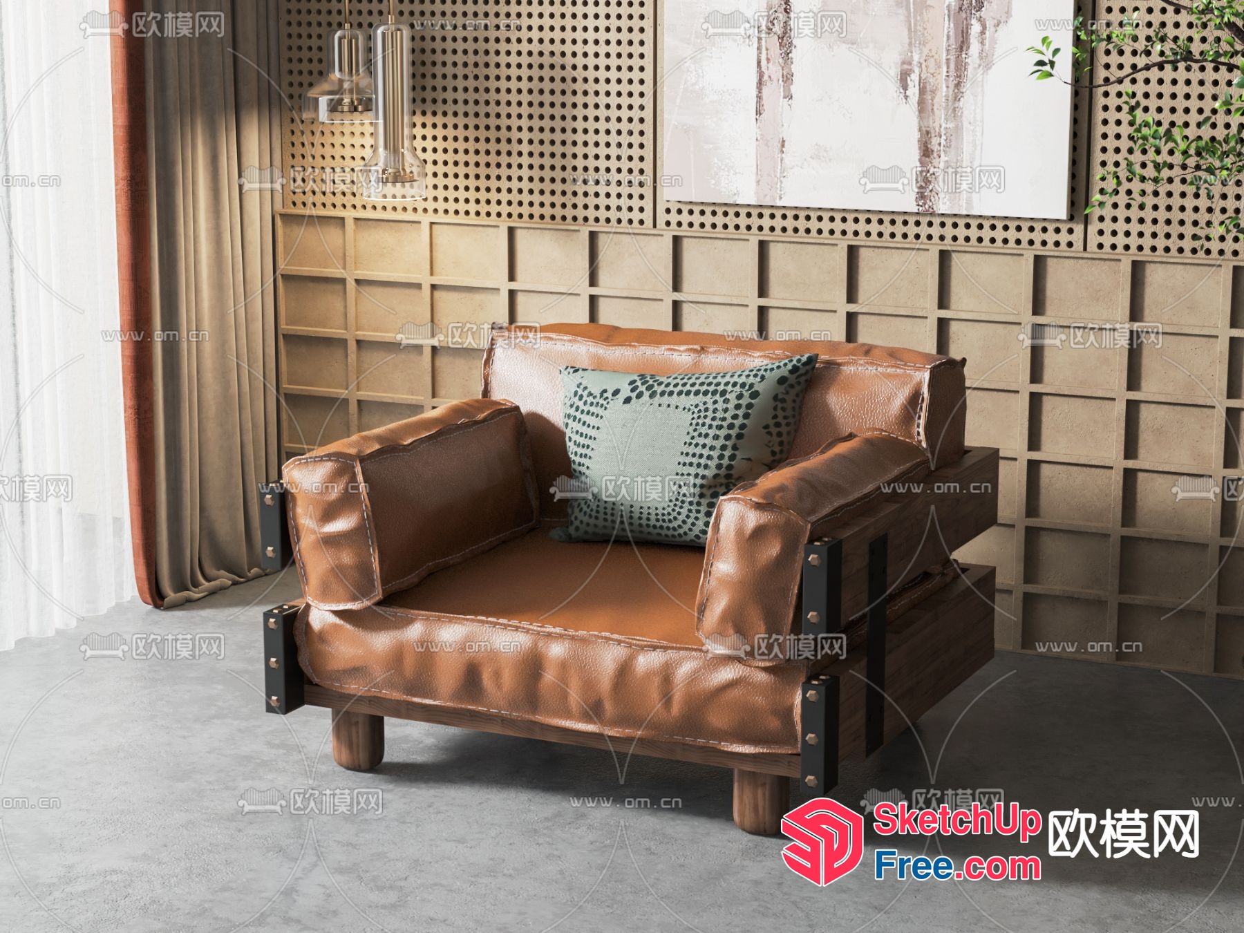 Stylish Leather Sofa With Pillows 3D SketchUp File