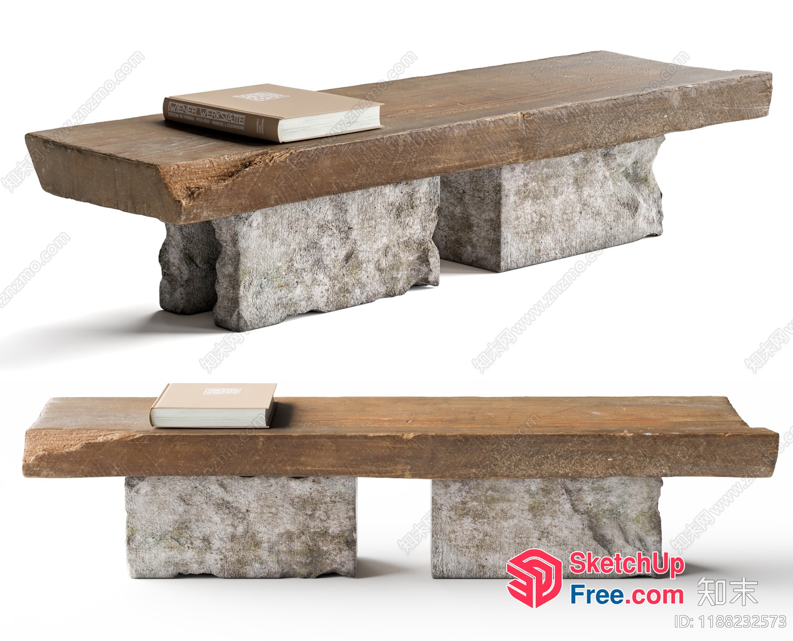 Rustic Stone Bench With Wooden Top 3D SketchUp File