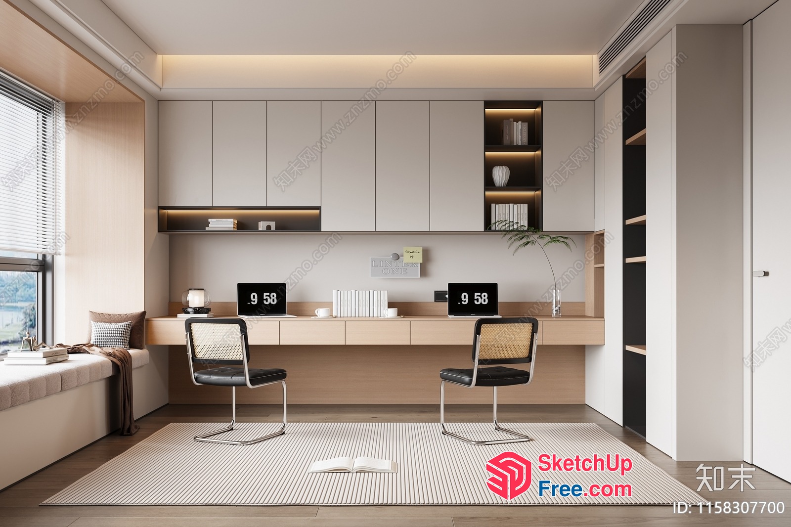 Modern Minimalist Study Room With Two Desks And Chairs 3D SketchUp File