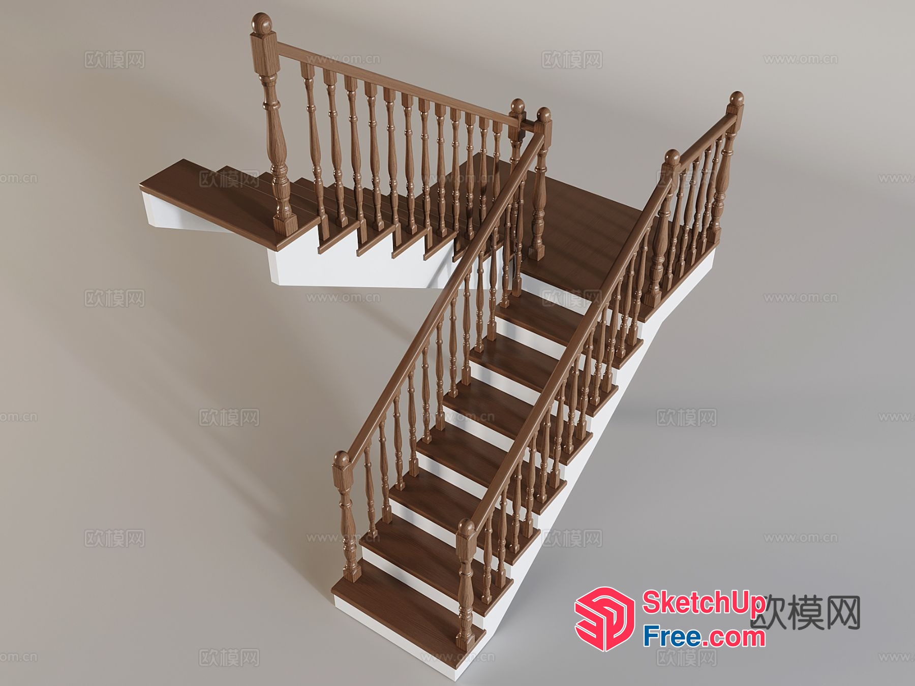 Staircase With Wooden Railing And Steps 3D SketchUp File