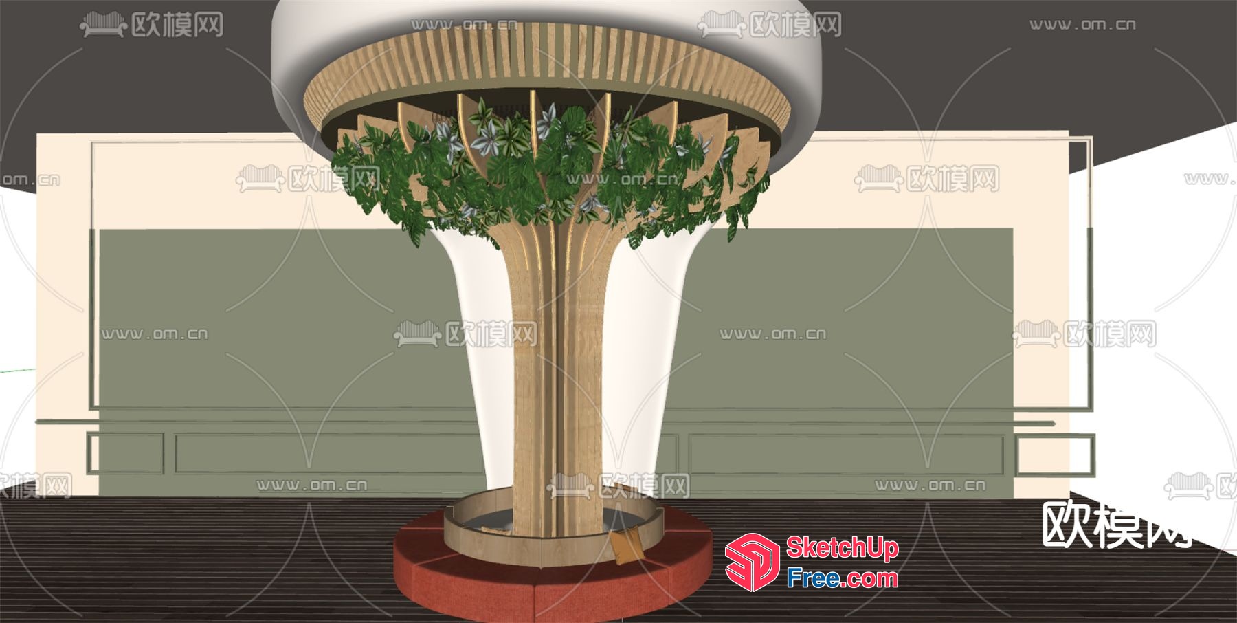 Tree-Like Pillar With Ornate Base And Greenery 3D SketchUp File