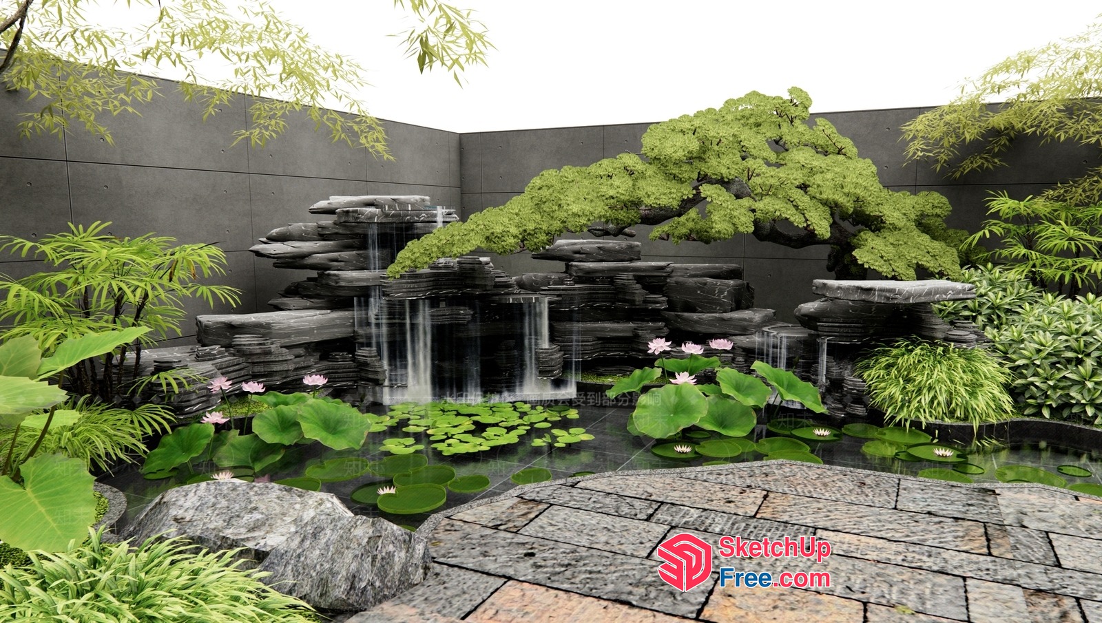 Serene Japanese Garden Oasis With Waterfall And Lilies 3D SketchUp File