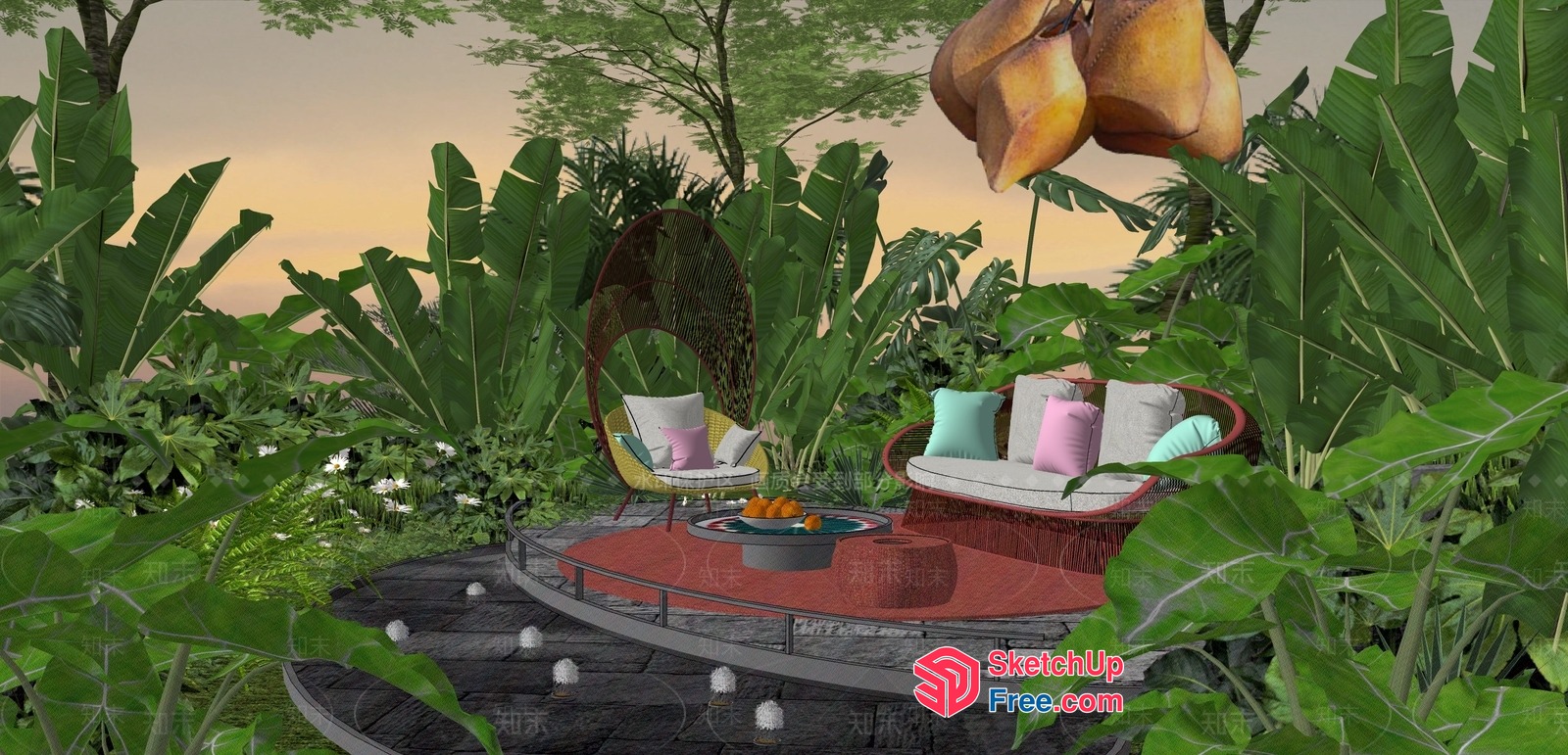Tropical Outdoor Seating Area With Unique Furniture 3D SketchUp File