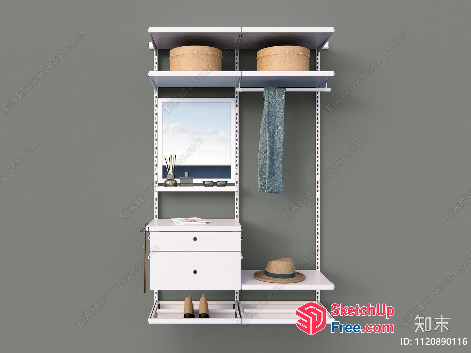 Modern White Shelving Unit With Mirror And Storage 3D SketchUp File