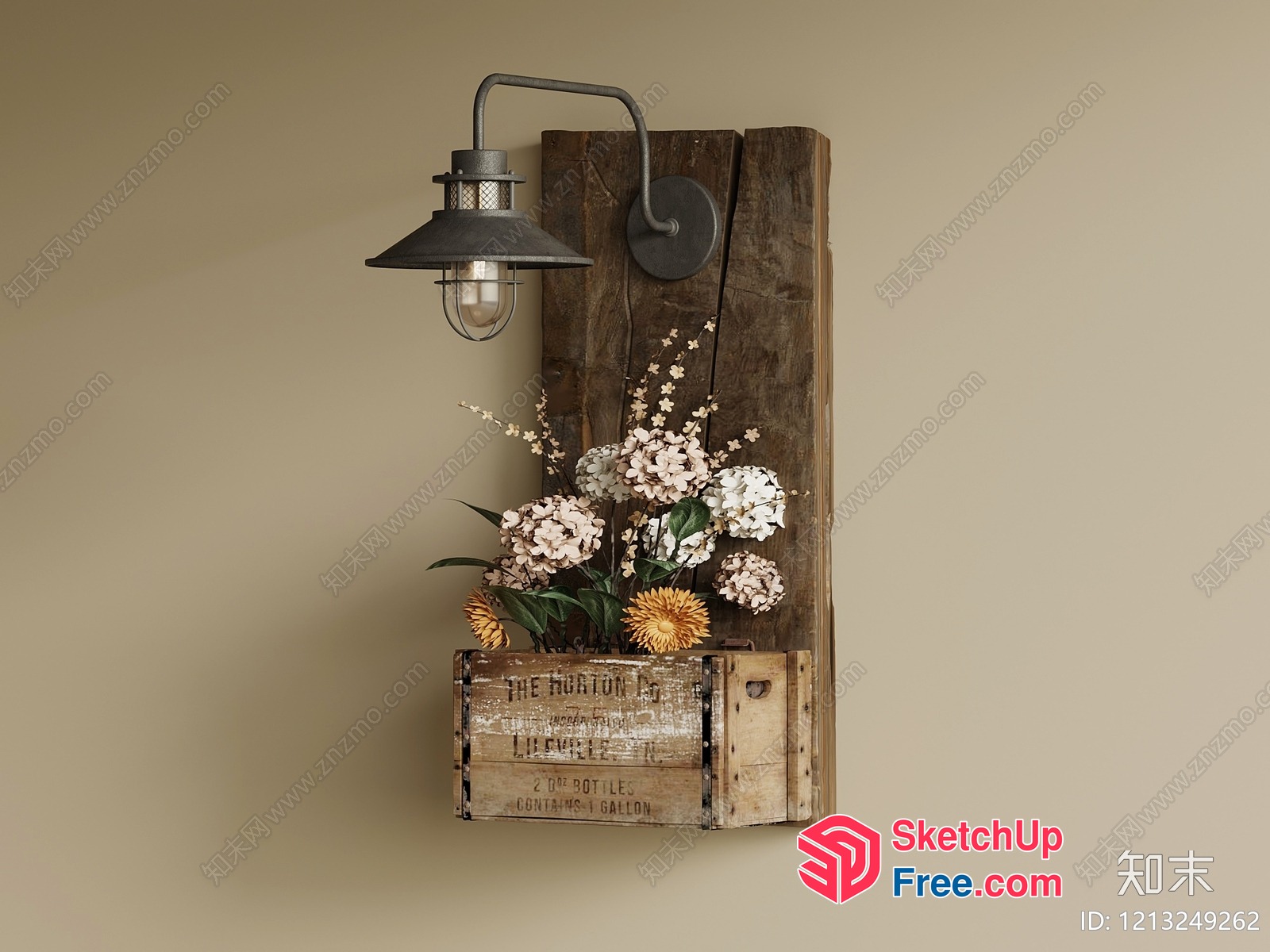 Rustic Wooden Wall Decor With Vintage Lamp And Wooden Crate 3D SketchUp File