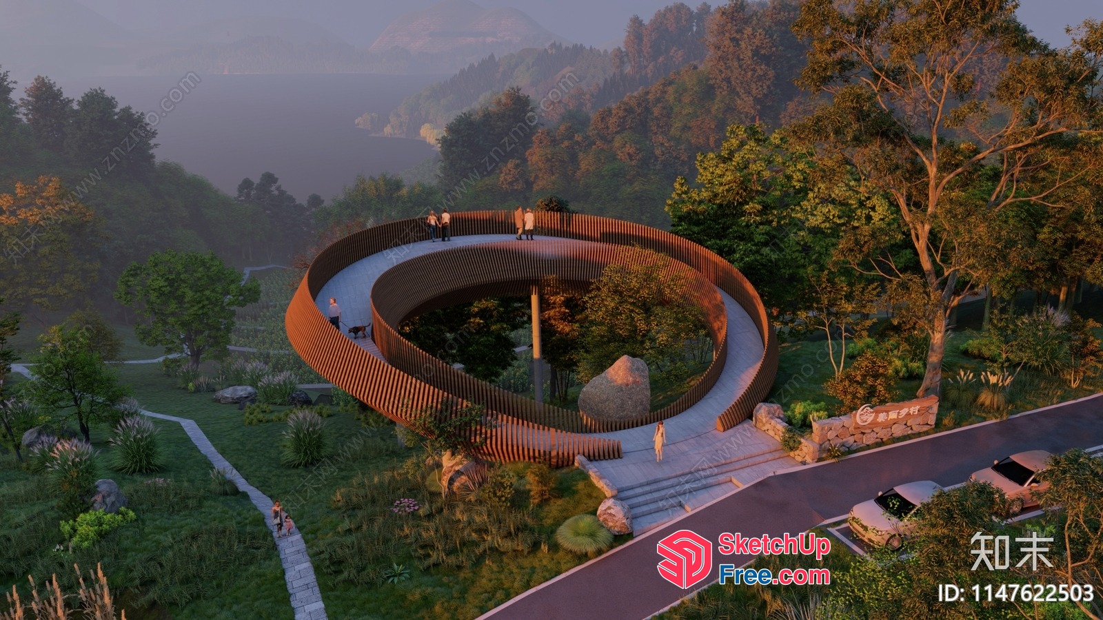 Outdoor Observation Deck With Curved Railing And Stairs 3D SketchUp File