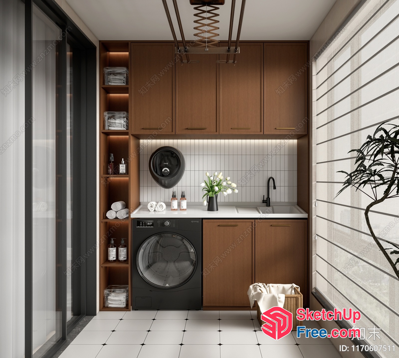Modern Laundry Room With Sleek Wood Cabinets And Black Appliances 3D SketchUp File