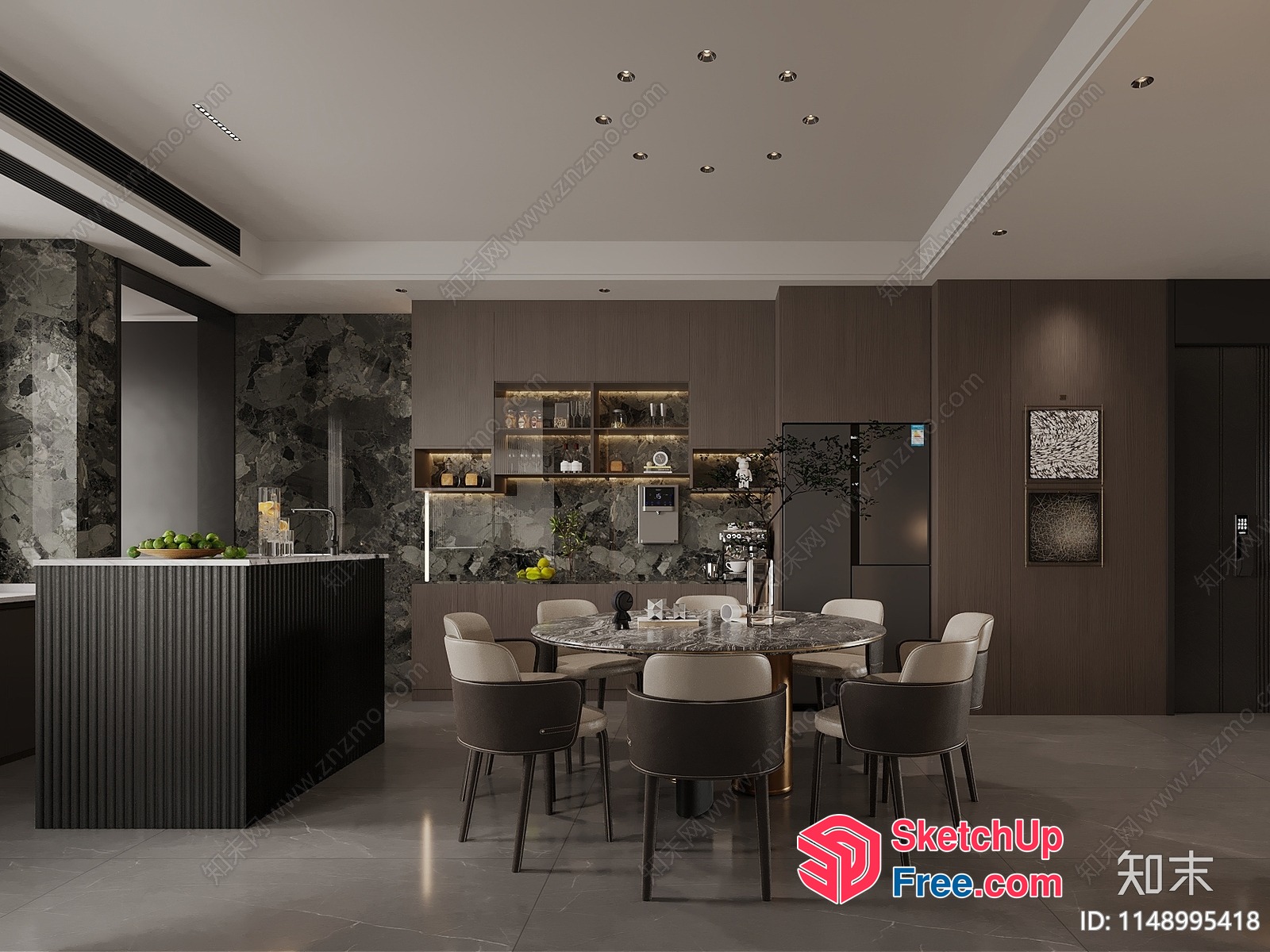Modern Kitchen With Dining Table And Bar Counter 3D SketchUp File