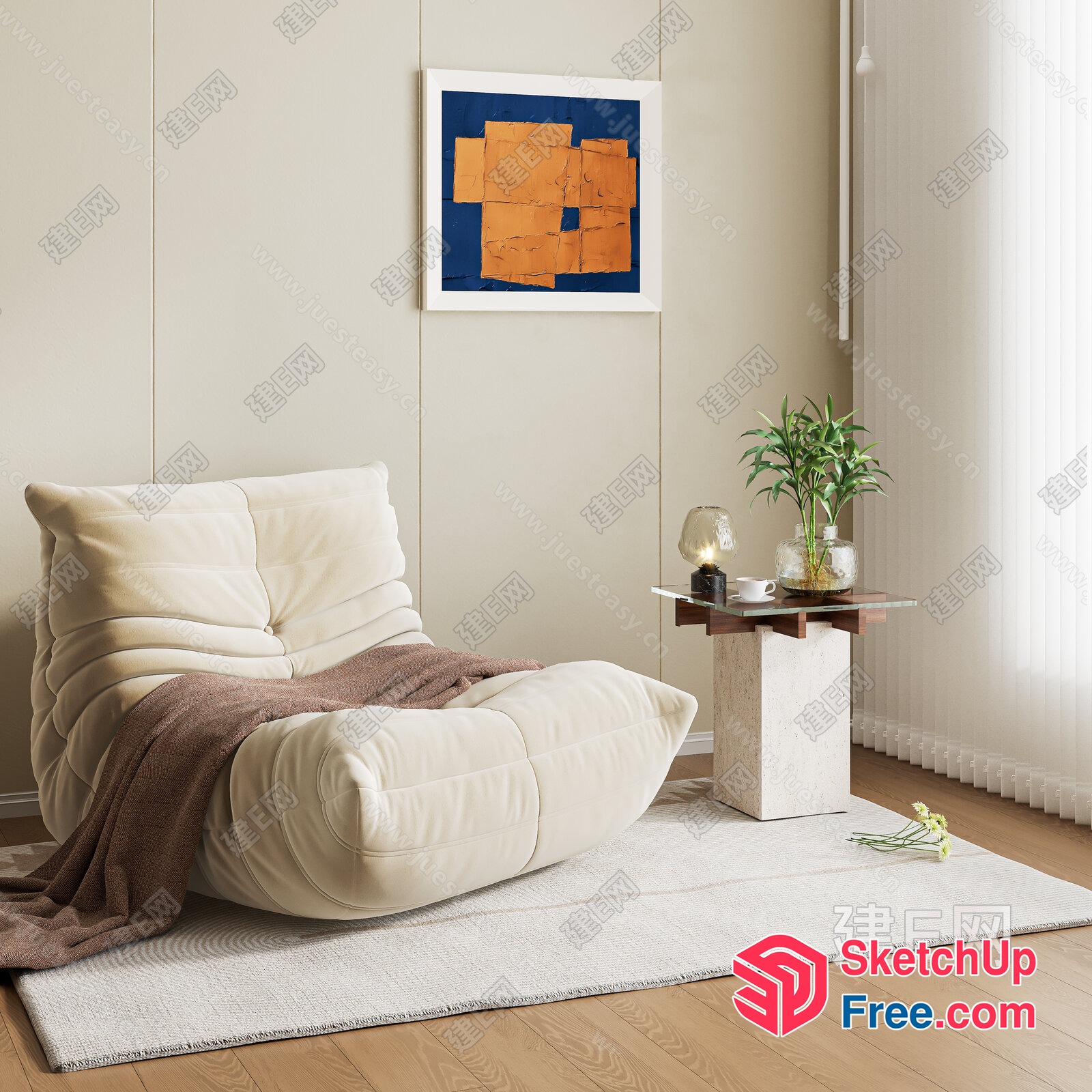 Minimalist Creamy Style Living Room 3D SketchUp File