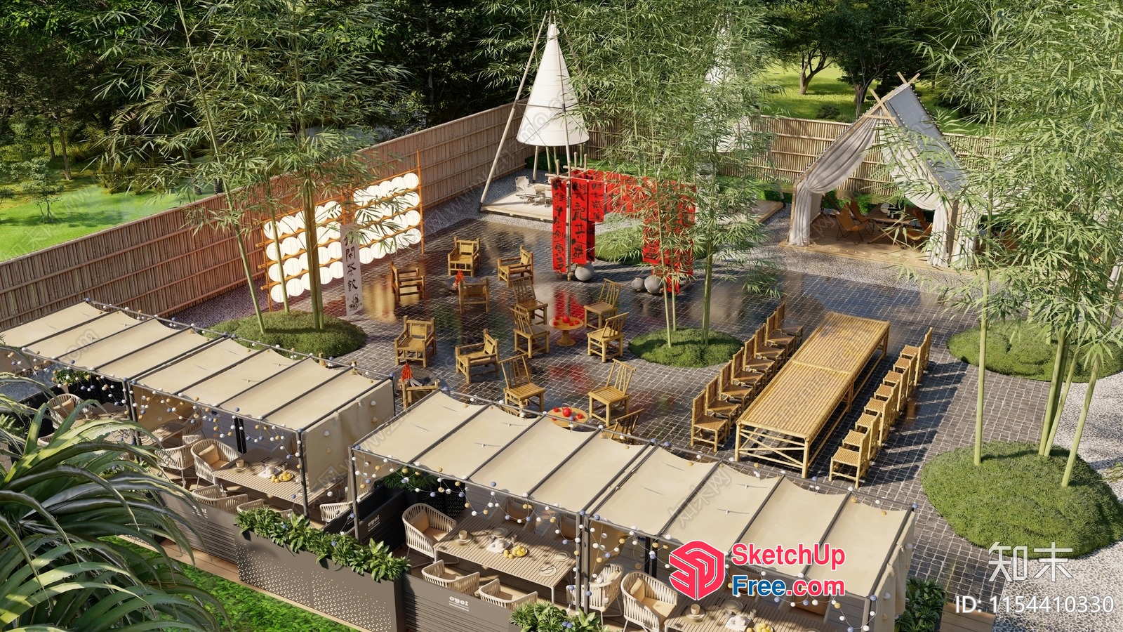 Outdoor Seating Area With Bamboo And Asian-Inspired Decor 3D SketchUp File