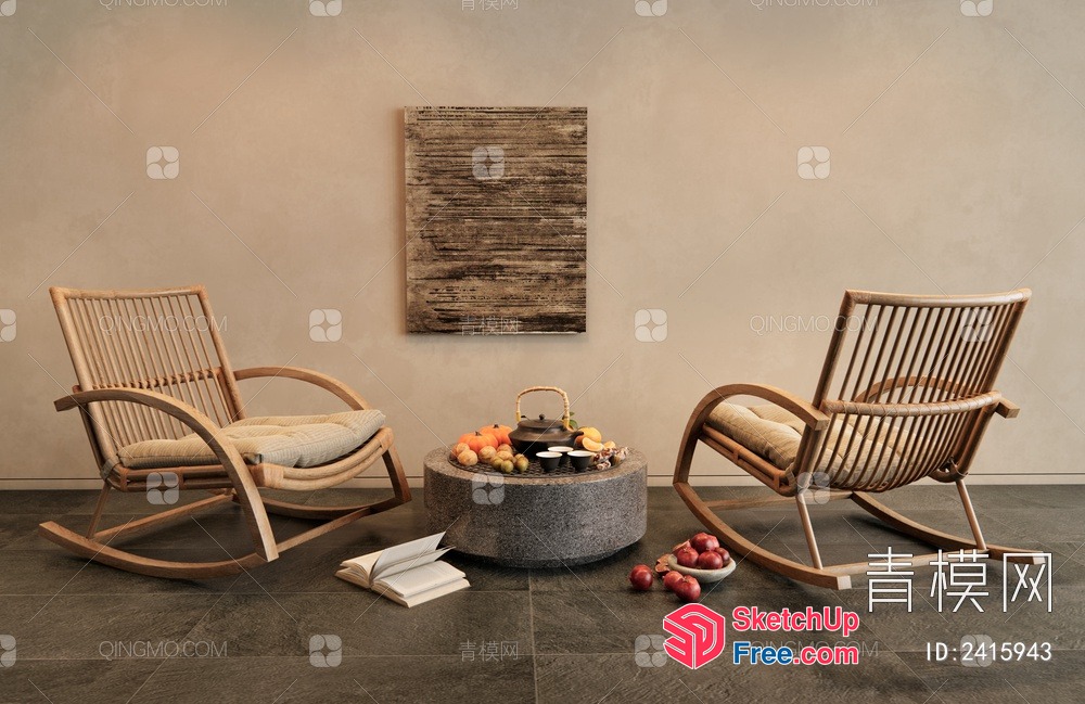 Two Rocking Chairs With Fruit And Books 3D SketchUp File