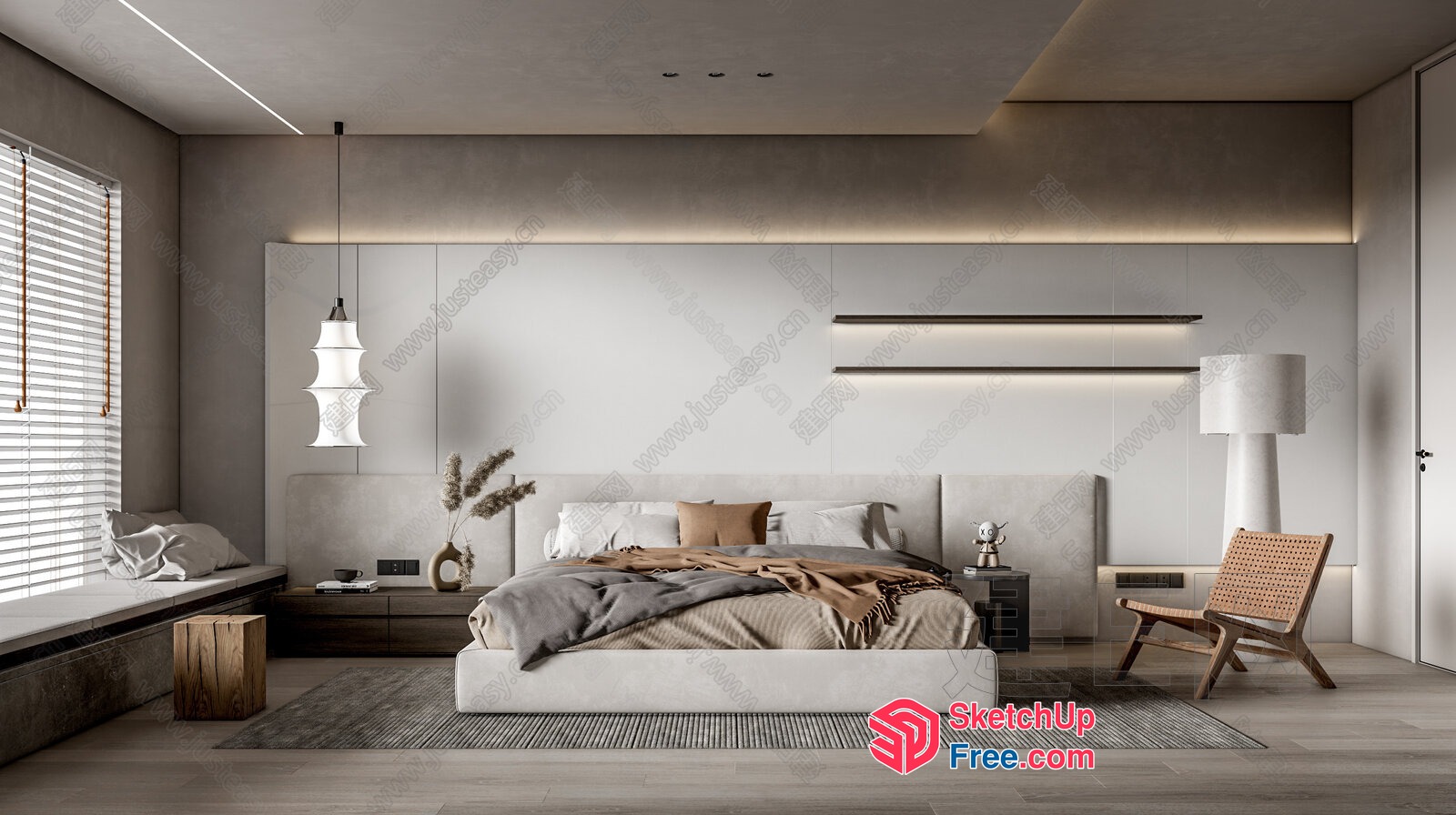 Modern Minimalist Bedroom Design With Natural Wood Accents 3D SketchUp File