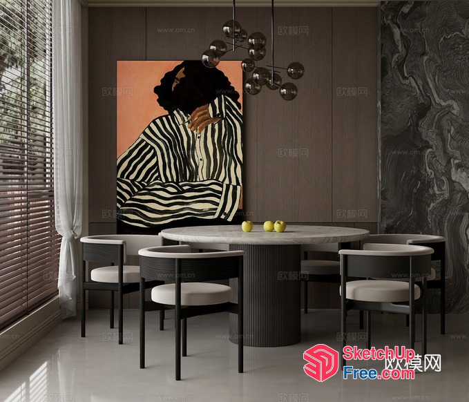 Modern Dining Room With Artistic Painting And Marble Table 3D SketchUp File