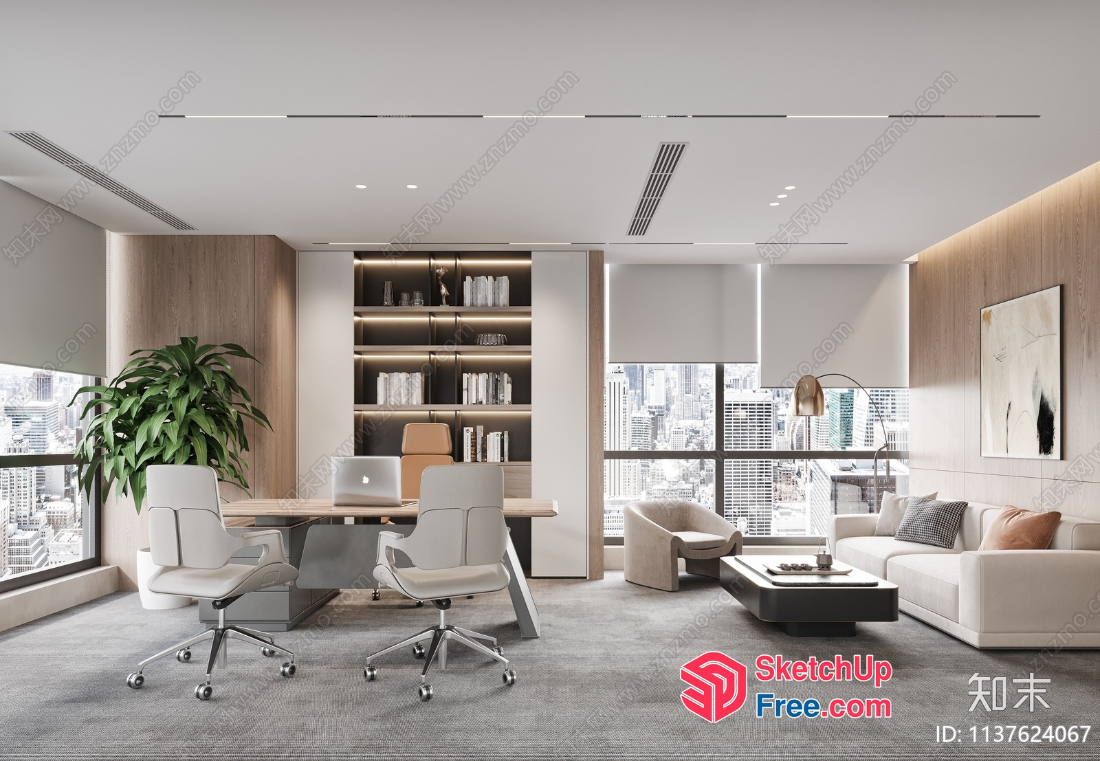 Modern Office Interior With Sleek Furniture And City View 3D SketchUp File