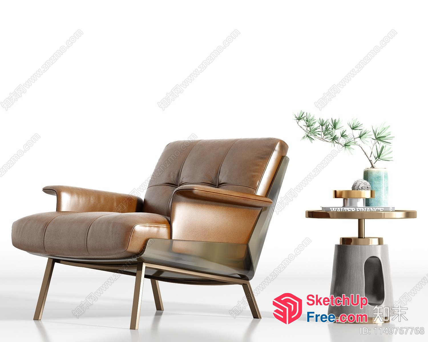 Modern Brown Leather Armchair With Sleek Metal Legs 3D SketchUp File