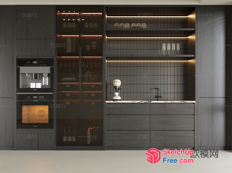 Dark Grey Kitchen With Glass Cabinets And Marble Countertops 3D SketchUp File